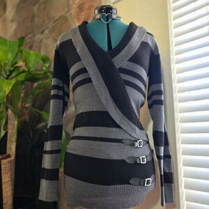 Vintage Y2K Say What? Mall Goth Emo Striped Sweater with Buckles & Shawl Collar
